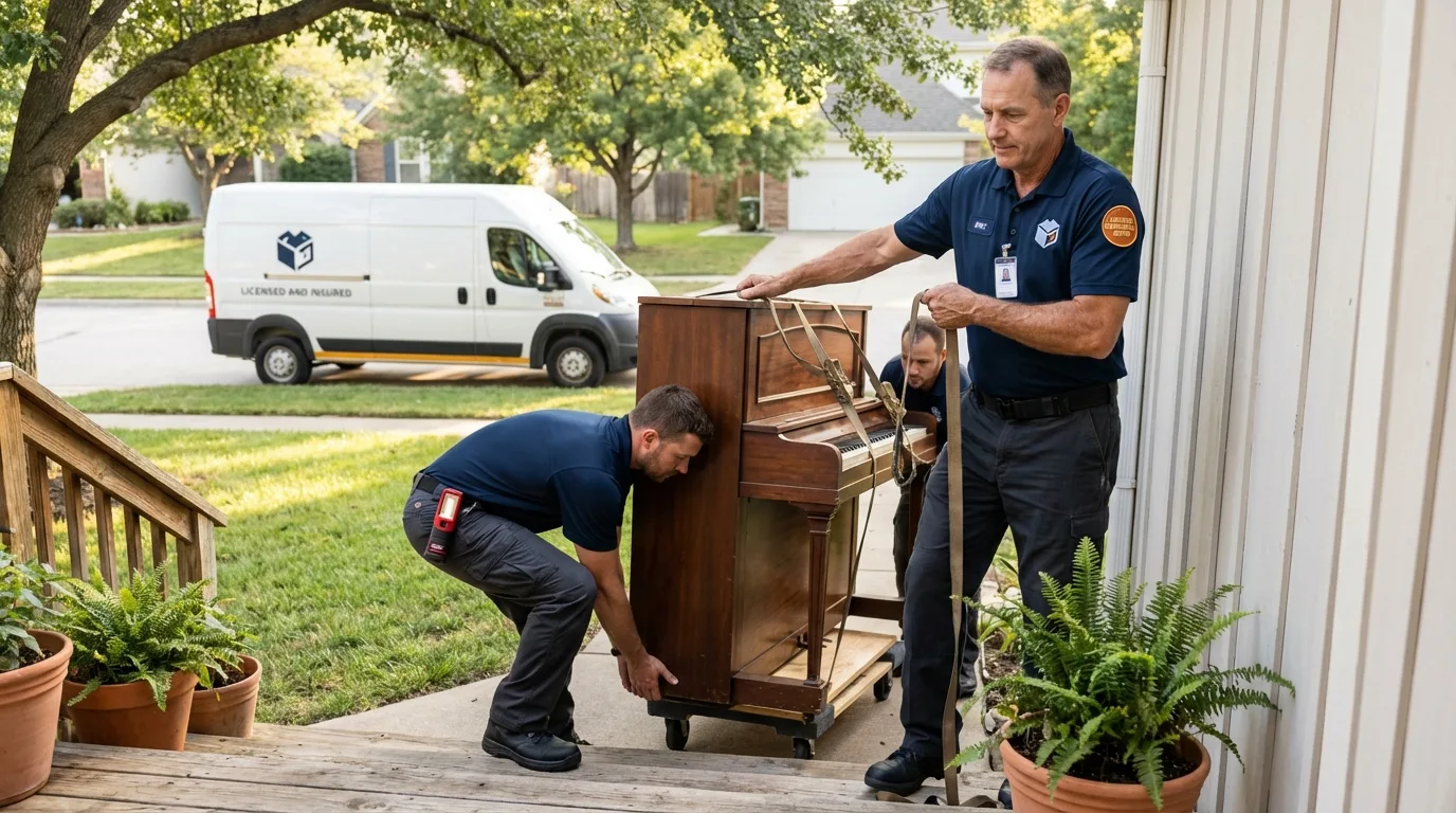 Licensed piano movers securing grand piano in Brookings, OR