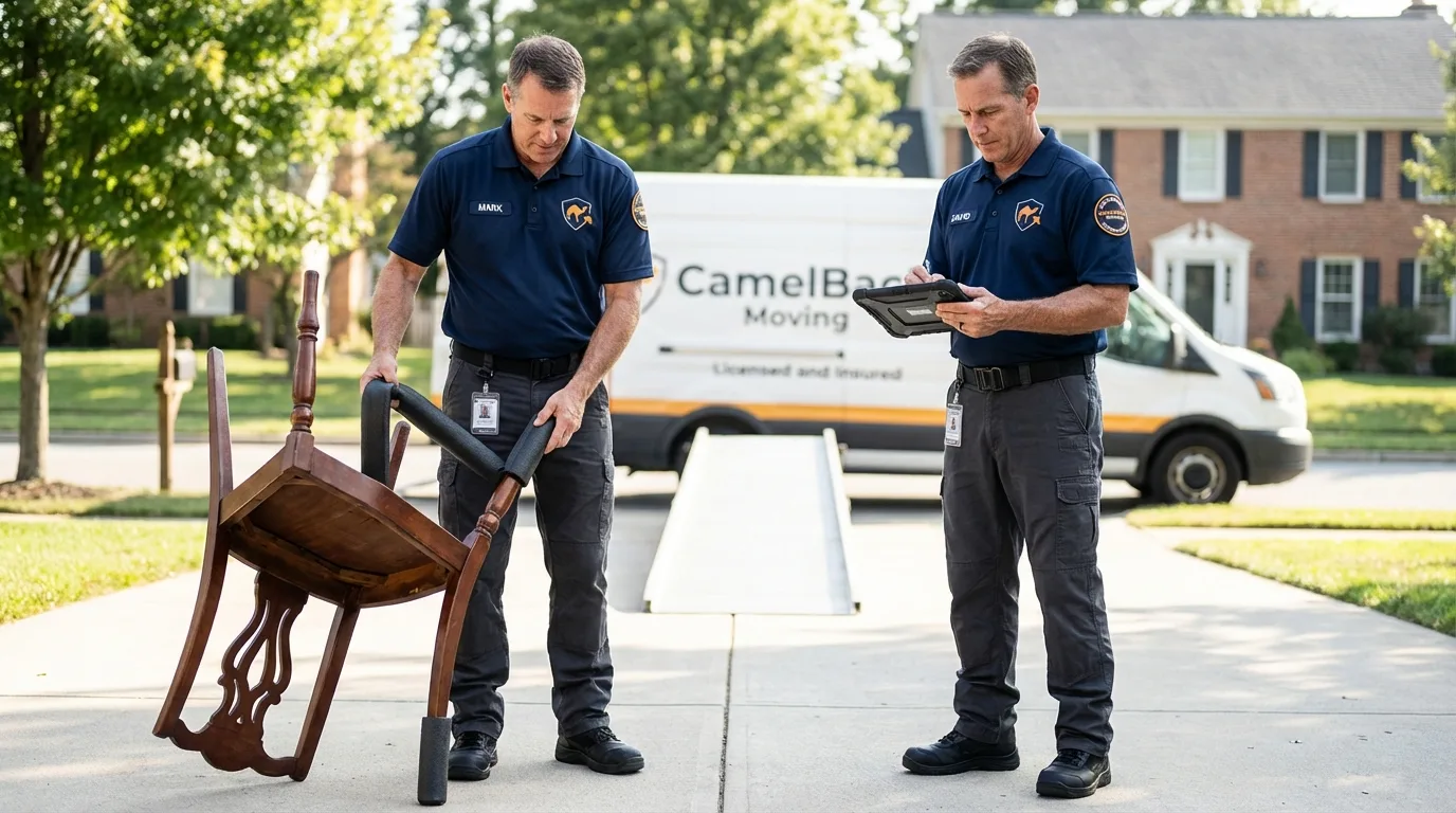 Movers inspecting furniture for damage prevention before loading in Brookings, OR