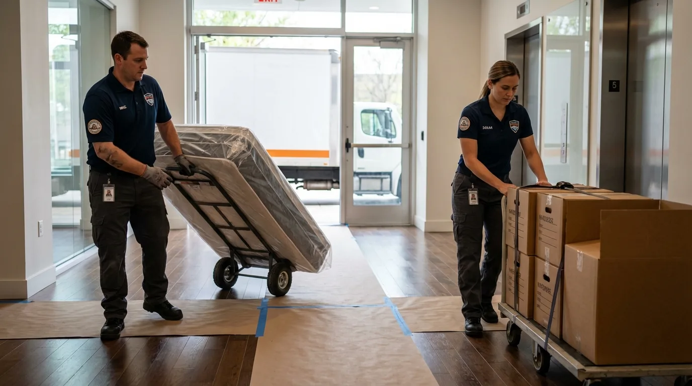 Professional apartment movers loading elevator in Brookings, OR